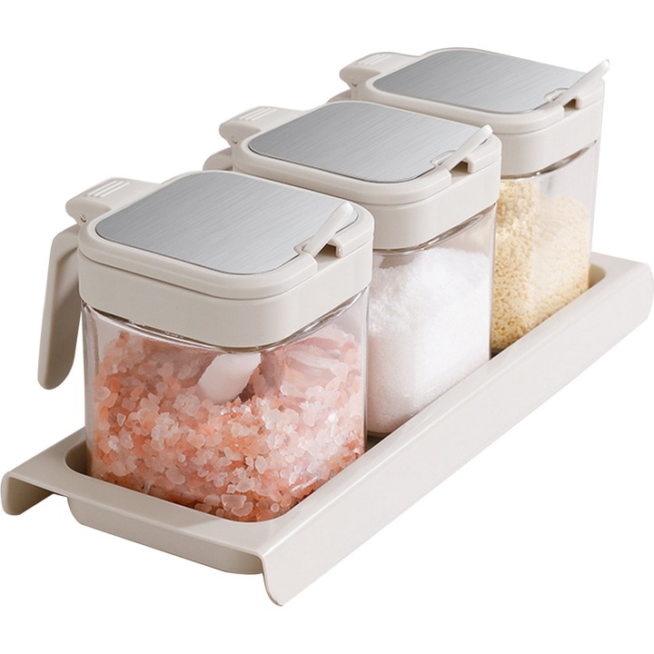 Set 3 recipiente condimente Enforose, design din sticla transparenta, baza anti-alunecare, prindere ergonomica