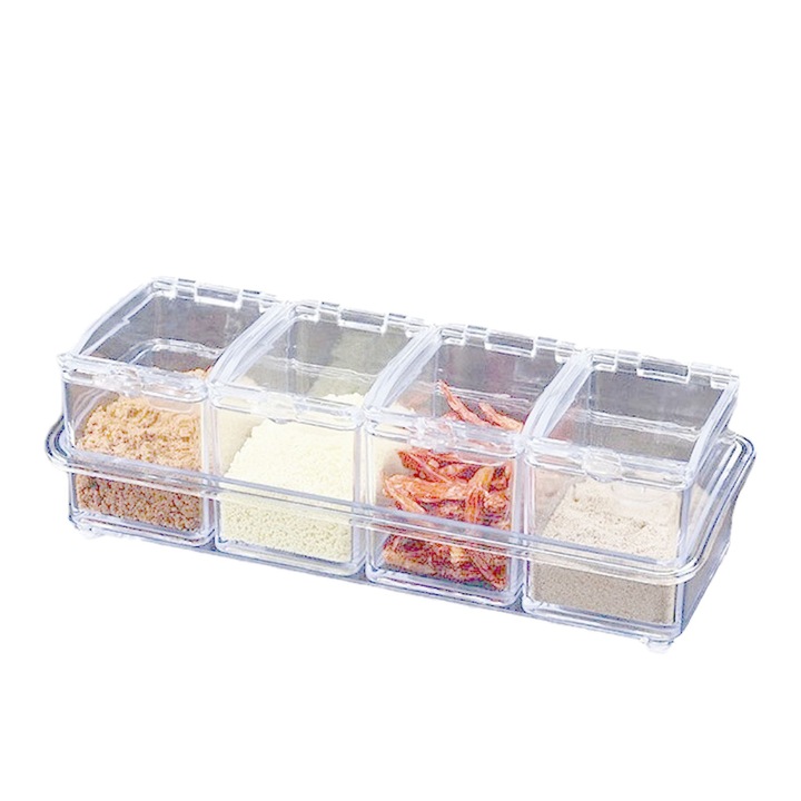Set recipient condimente transparent, plastic, 26x9x7.2cm, 4 borcane