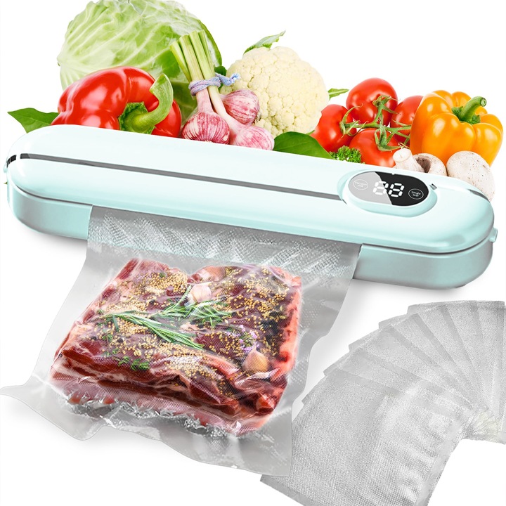 Прахосмукачка, 120W, 2 режима на запечатване, компактен дизайн, 36x7.5x5.8cm, зелена, включва комплект от 10 торби