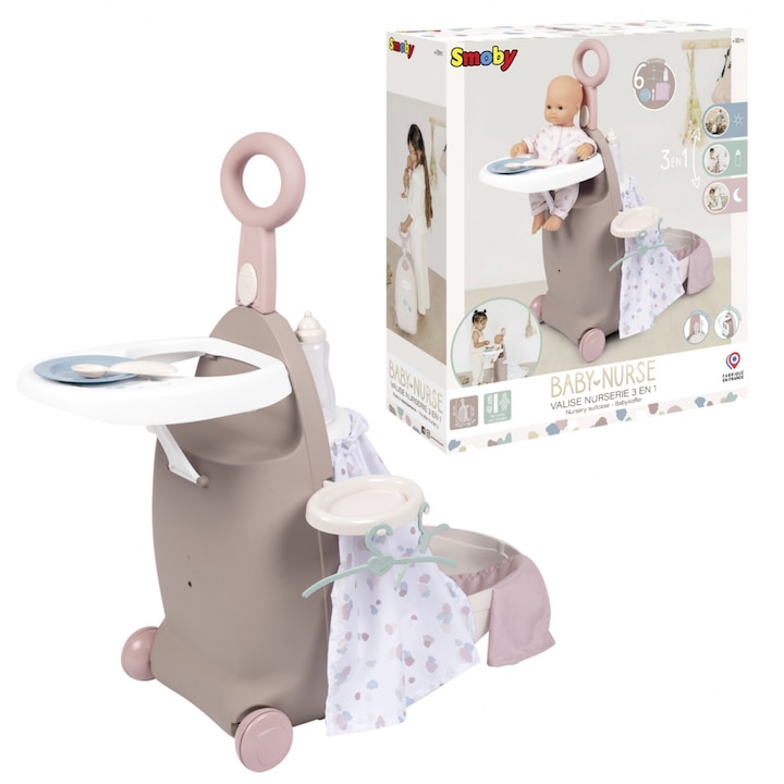 Smoby Baby Nurse baba ápoló kocsi készlet, 3 az 1-ben, 6 tartozékkal