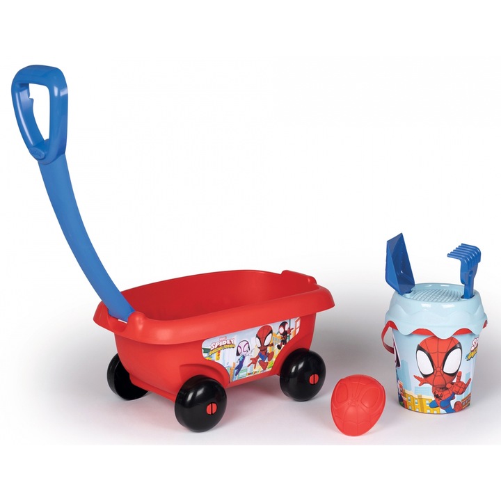 Комплект играчки за пясъчник Smoby Spidey, Количка и кофа с аксесоари