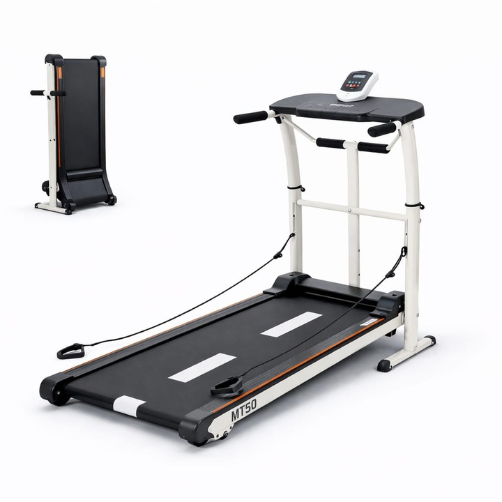 Banda de alergare TECHFIT® MT50, MECANICA fara curent electric, Inclinatie 3 niveluri, greutate utilizator 100 kg, Disc twister si benzi elastice incluse, Roti transport
