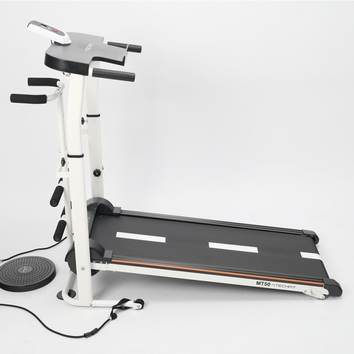 Бягаща пътека TECHFIT MT50, Наклон 3 нива, Тегло на потребителя 100 кг, Включен дисков туистър и еластични ленти, Транспортни колела