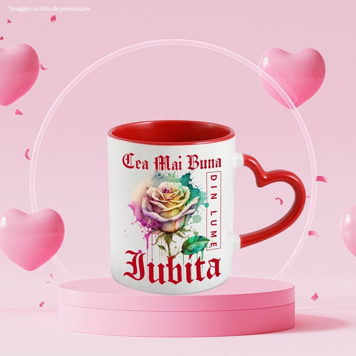 Чаша с надпис The Best Beloved, In the World, цвете, пъстра роза, акварел, акварел, дизайн, 330 ml, керамика с дръжка червено сърце