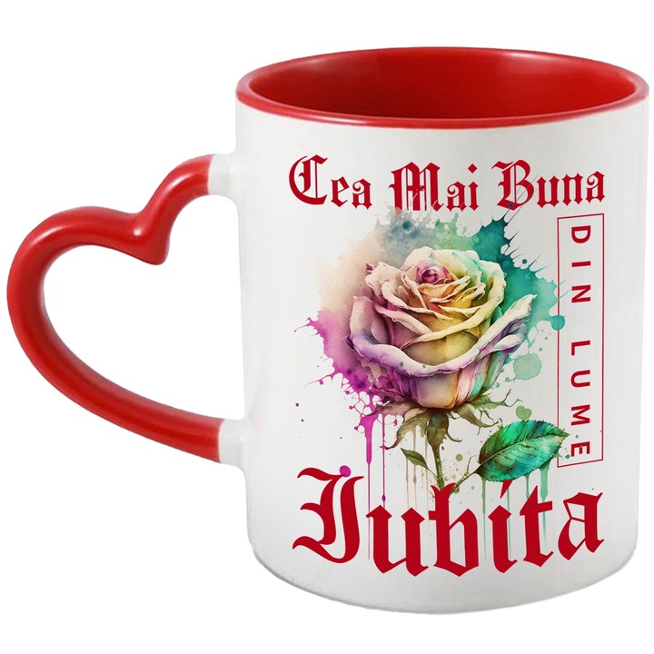Чаша с надпис The Best Beloved, In the World, цвете, пъстра роза, акварел, акварел, дизайн, 330 ml, керамика с дръжка червено сърце
