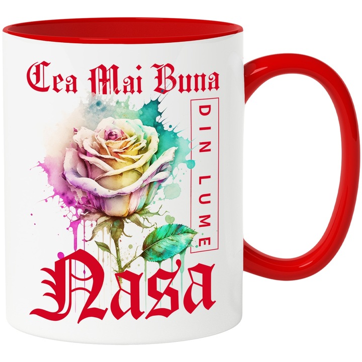 Cana Cu Textul Cea Mai Buna Nasa, Din Lume, Floare, Trandafir Colorat, Watercolor, Pictura pe Apa, Design, 330ml, Ceramic cu Maner Rosu