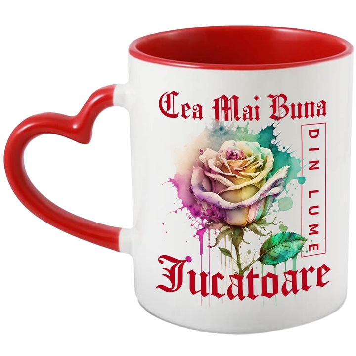 Cana Cu Textul Cea Mai Buna Jucatoare, Din Lume, Floare, Trandafir Colorat, Watercolor, Pictura pe Apa, Design, 330ml, Ceramica cu Maner Inima Rosie