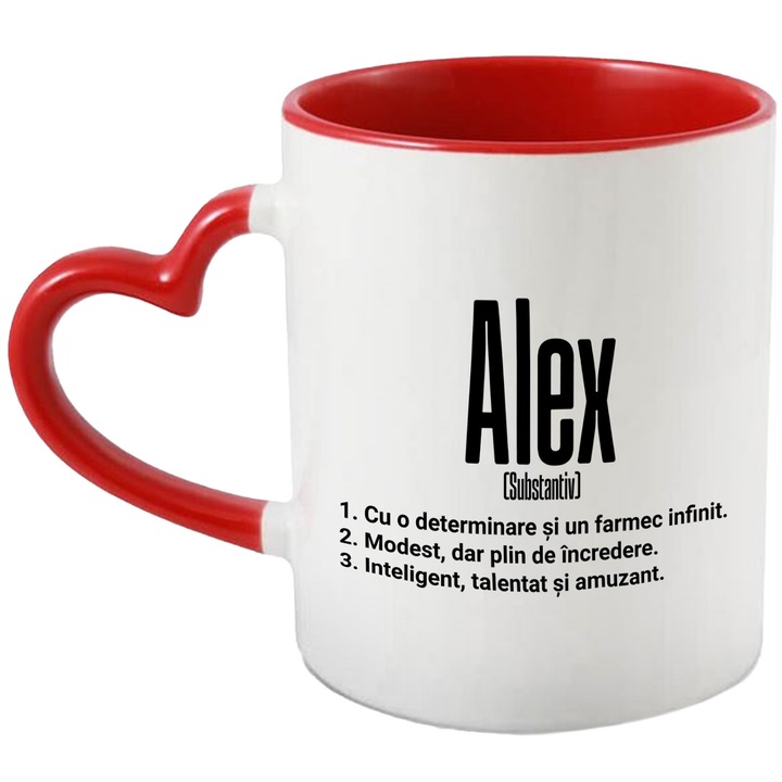 Cana Cu Numele Alex, Determinare, Modest, Inteligent, Amuzant, Personalizat, Cadou, 330ml, Ceramica cu Maner Inima Rosie