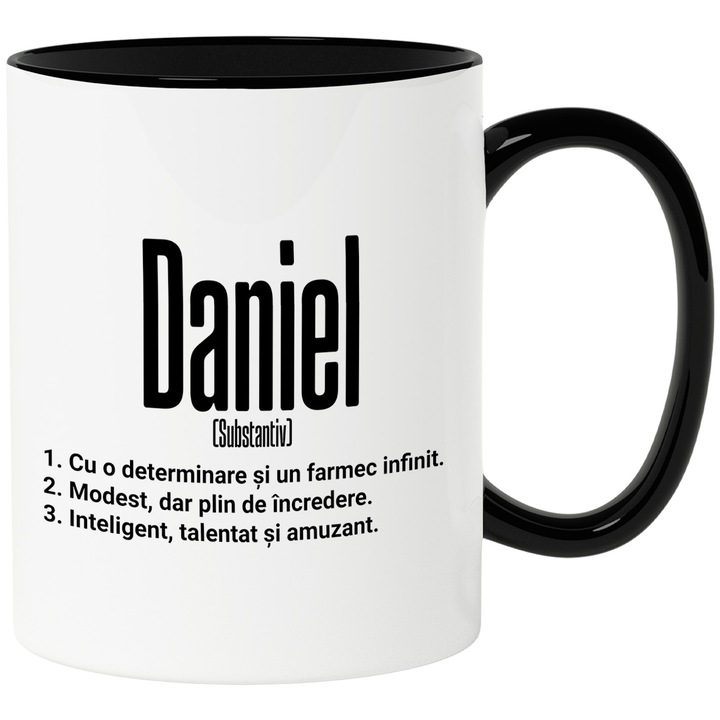 Cana Cu Numele Daniel, Determinare, Modest, Inteligent, Amuzant, Personalizat, Cadou, 330ml, Ceramica cu Maner Negru