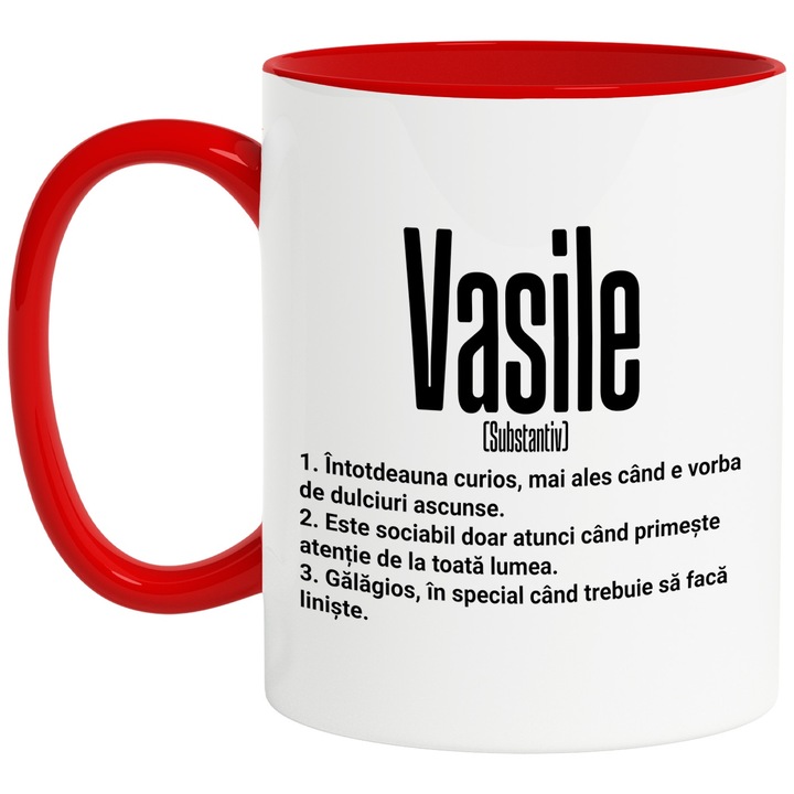 Cana Cu Numele Vasile, Cu Mesaj Amuzant, Curios, Sociabil, Galagios, 330ml, Ceramic cu Maner Rosu