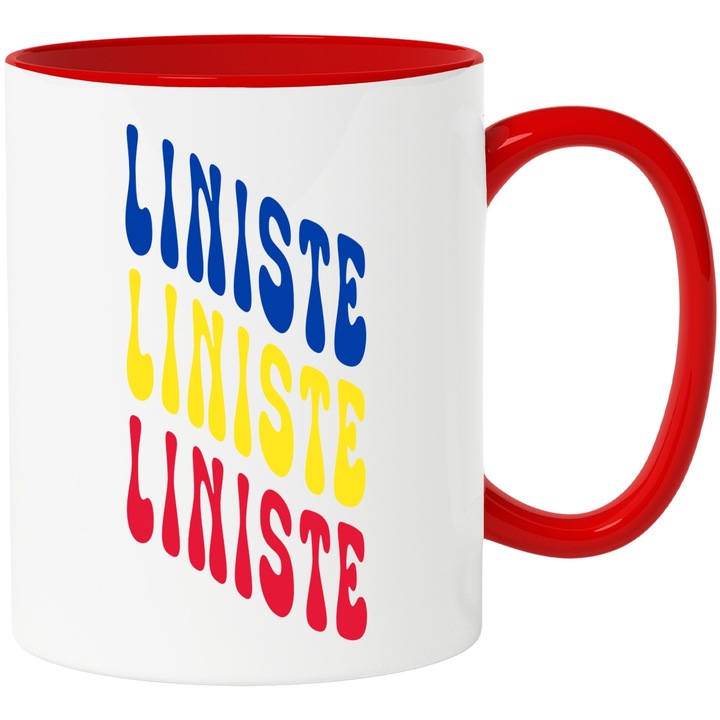 Cana Cuvantul Liniste, in Culorile Steagului Romaniei, Rosu, Galben, Albastru, Text Motivational, Self Care, 330ml, Ceramic cu Maner Rosu