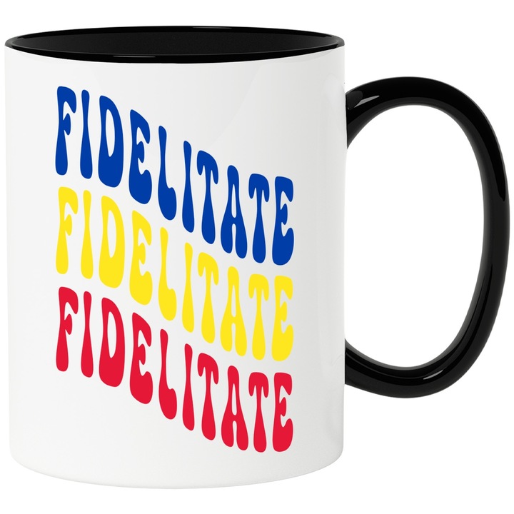 Cana Cuvantul Fidelitate, in Culorile Steagului Romaniei, Rosu, Galben, Albastru, Text Motivational, Self Care, 330ml, Ceramica cu Maner Negru