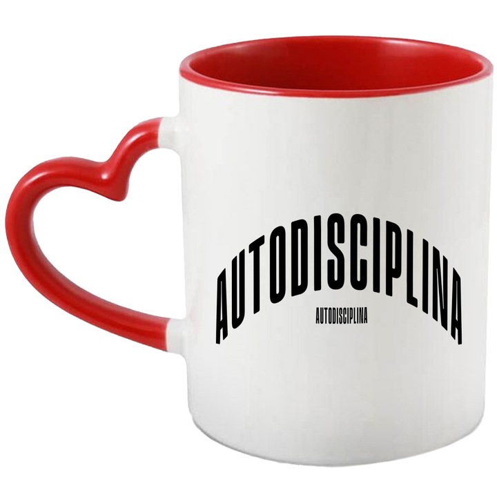 Cana Cuvantul Autodisciplina, Motivational, Self Help, Intelegere de Sine, Apreciere, Speranta, 330ml, Ceramica cu Maner Inima Rosie