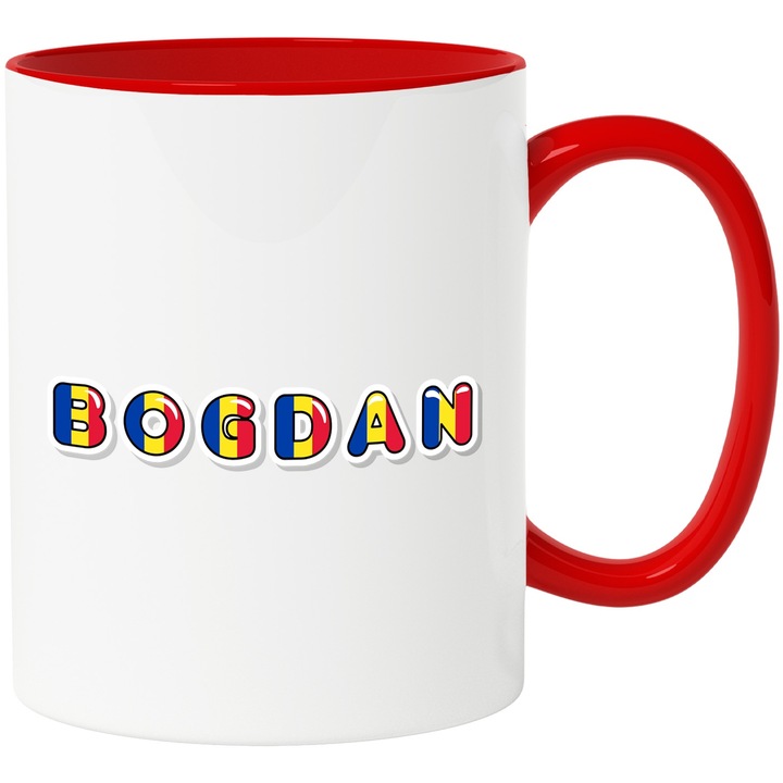 Cana Cu Numele Bogdan, Romania, Suporter, Steagul Romaniei, Patriot, 330ml, Ceramic cu Maner Rosu