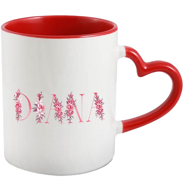 Cana Cu Numele Diana, Floral, Colorat, Creativ, Frumos, Unicat, 330ml, Ceramica cu Maner Inima Rosie