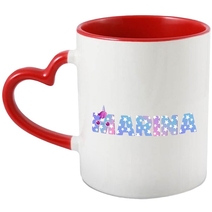 Marina, Unikornis, Hercegnő, Tündérmese, Aranyos bögre, 330 ml, Kerámia, Piros szív fogantyúval