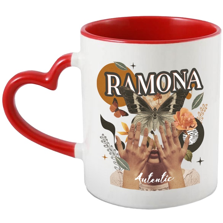Cana Cu Numele Ramona, Colaj Fata, Fluture, Flori, Cerc, 330ml, Ceramica cu Maner Inima Rosie