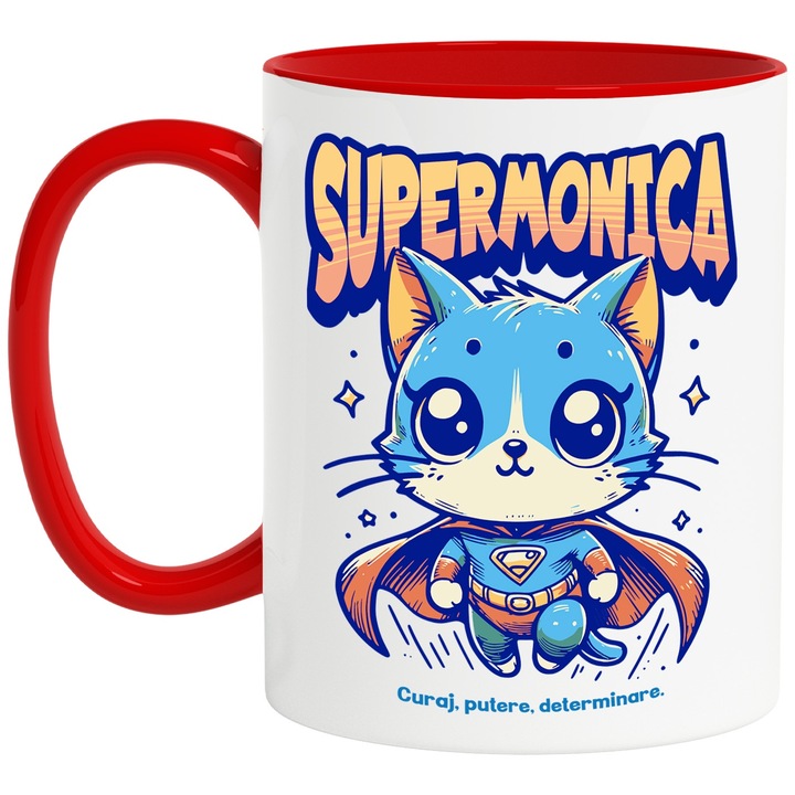 Cana Super Monica, SuperErou, Pisica Zburand, 330ml, Ceramic cu Maner Rosu