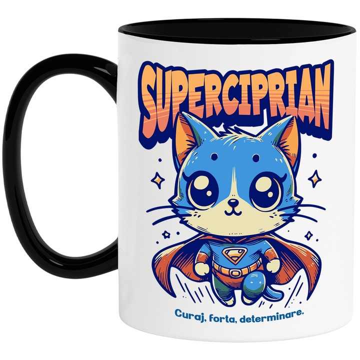 Cana Super Ciprian, SuperErou, Pisica Zburand, 330ml, Ceramica cu Maner Negru