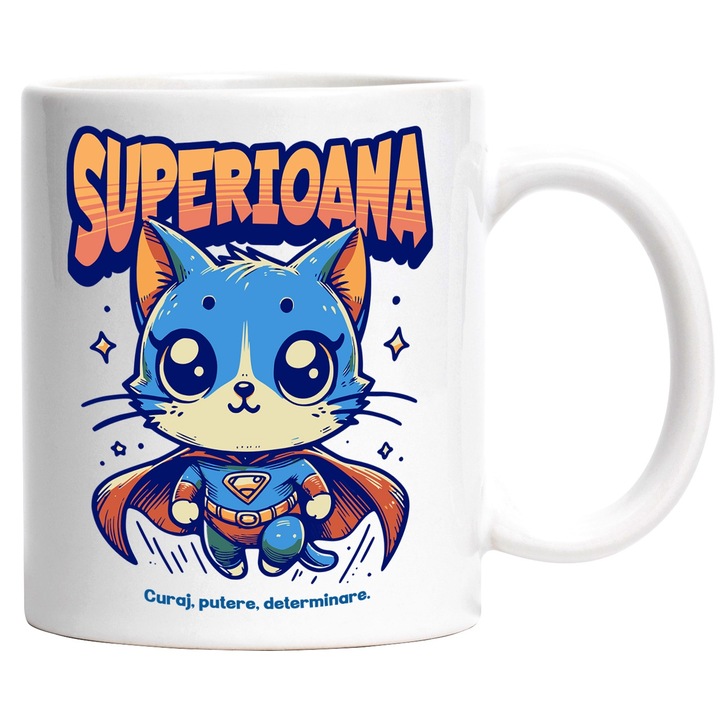 Cana Super Ioana, SuperErou, Pisica Zburand, 330ml, Ceramic cu Maner Alb