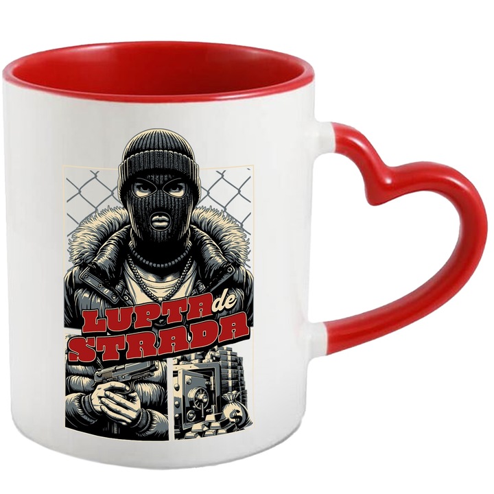 Чаша за уличен бой - Маскиран мъж, злато, пари, оръжия, 330 ml, керамика с дръжка червено сърце