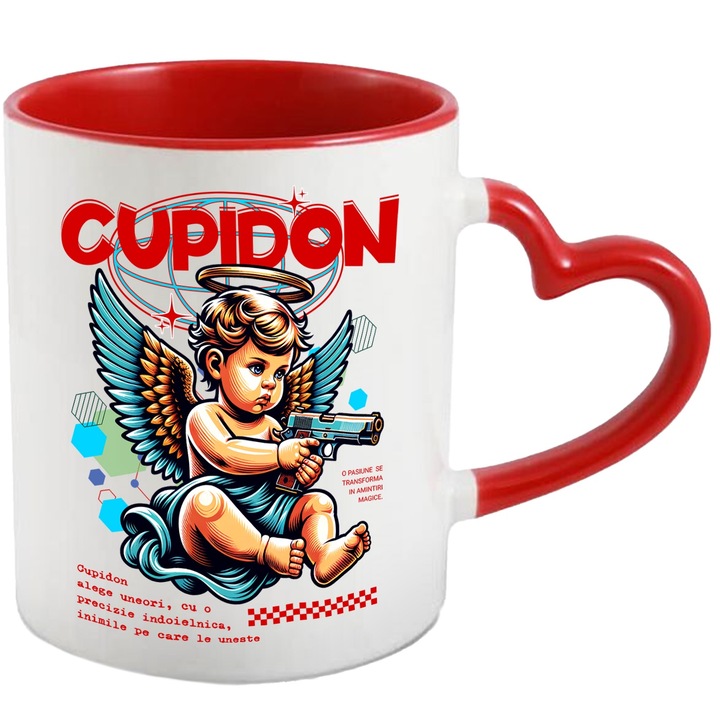 Cana Inger cu Pistol Il asteapta pe Cupidon, Dezamagine, Inima Franta, Relatie Esuata, 330ml, Ceramica cu Maner Inima Rosie