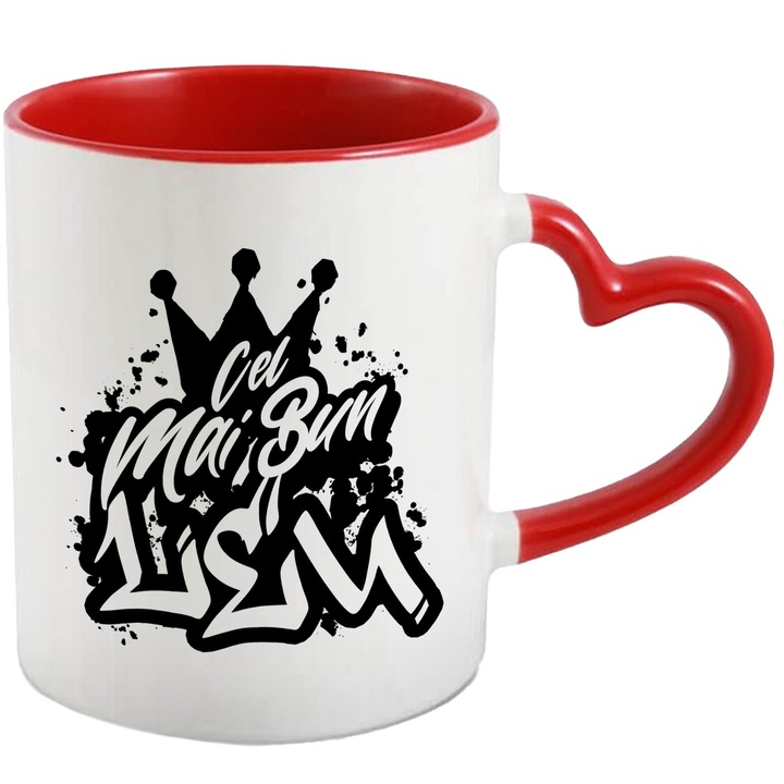 Cana Pentru Cel Mai Bun Leu, Apreciere, Cadou, Rasplata, Multumire, 330ml, Ceramica cu Maner Inima Rosie