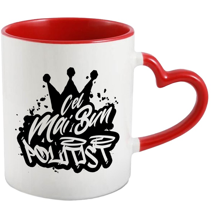 Cana Pentru Cel Mai Bun politist, Apreciere, Cadou, Rasplata, Multumire, 330ml, Ceramica cu Maner Inima Rosie