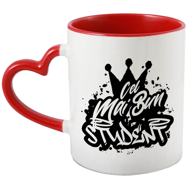 Cana Pentru Cel Mai Bun student, Apreciere, Cadou, Rasplata, Multumire, 330ml, Ceramica cu Maner Inima Rosie