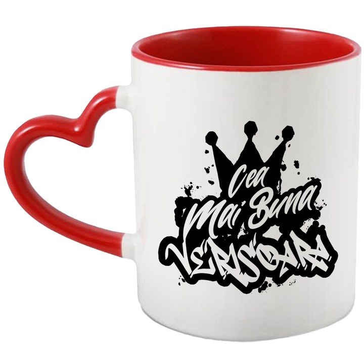 Cana Pentru Cea Mai Buna Verisoara, Apreciere, Cadou, Rasplata, Multumire, 330ml, Ceramica cu Maner Inima Rosie