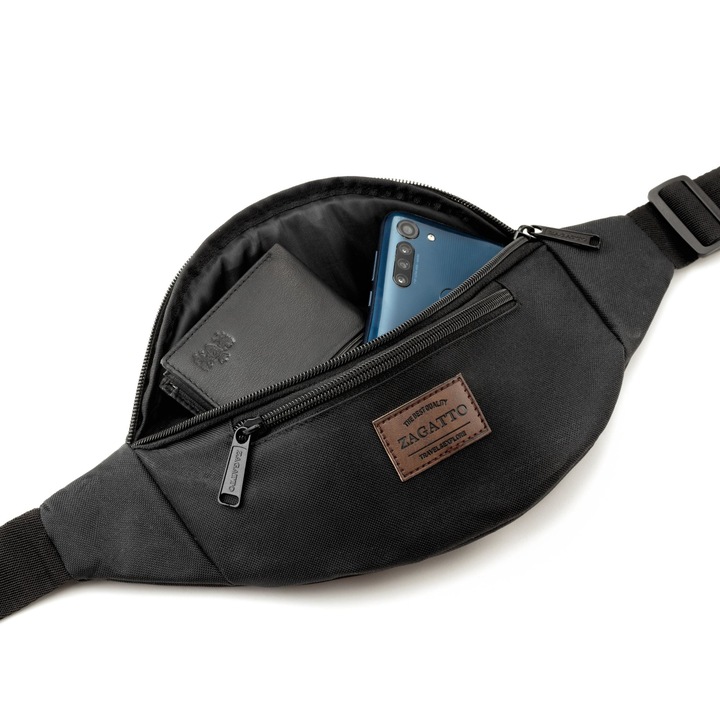 Borseta dama, Zagatto®, Neagra, 33x12x 9 cm, Impermeabila, Spatioasa, 2 buzunare cu fermoar, ZG890