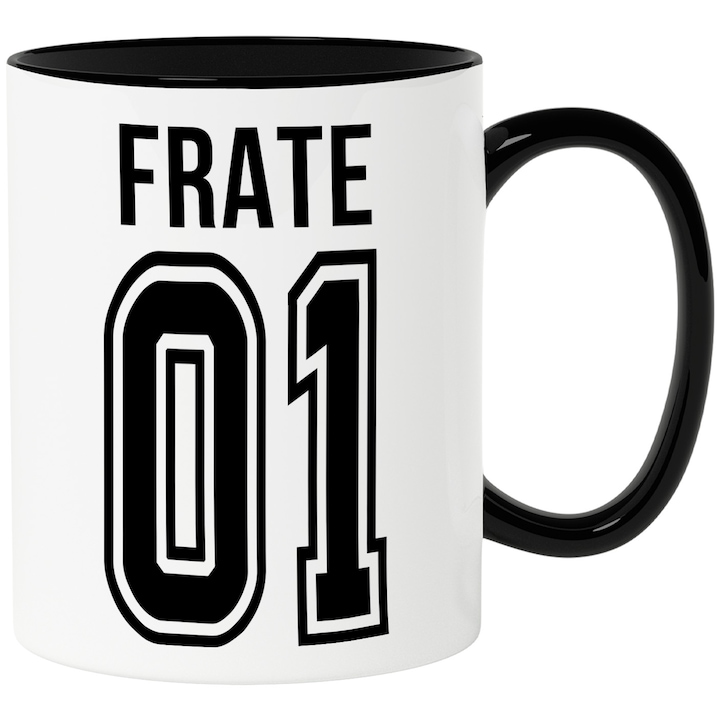 Cana Cu Textul frate, si Numarul 01, Cel Mai Bun, Apreciere, Personalizat, 330ml, Ceramica cu Maner Negru