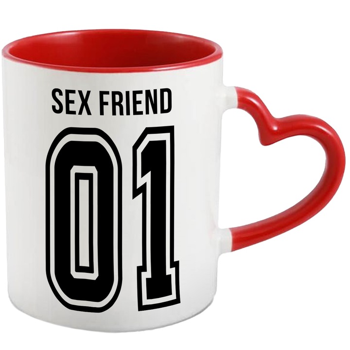 Cana Cu Textul Sex Friend, si Numarul 01, Cel Mai Bun, Apreciere, Personalizat, 330ml, Ceramica cu Maner Inima Rosie