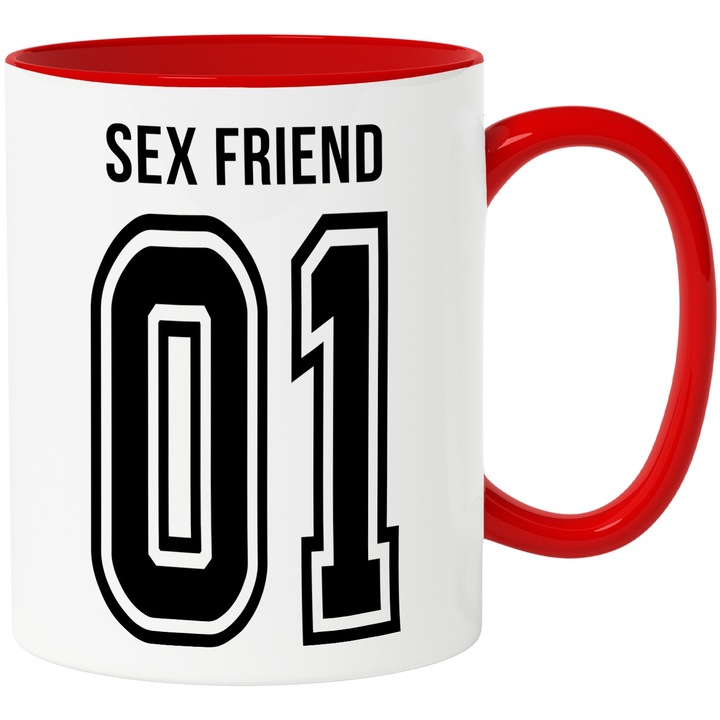 Cana Cu Textul Sex Friend, si Numarul 01, Cel Mai Bun, Apreciere, Personalizat, 330ml, Ceramic cu Maner Rosu
