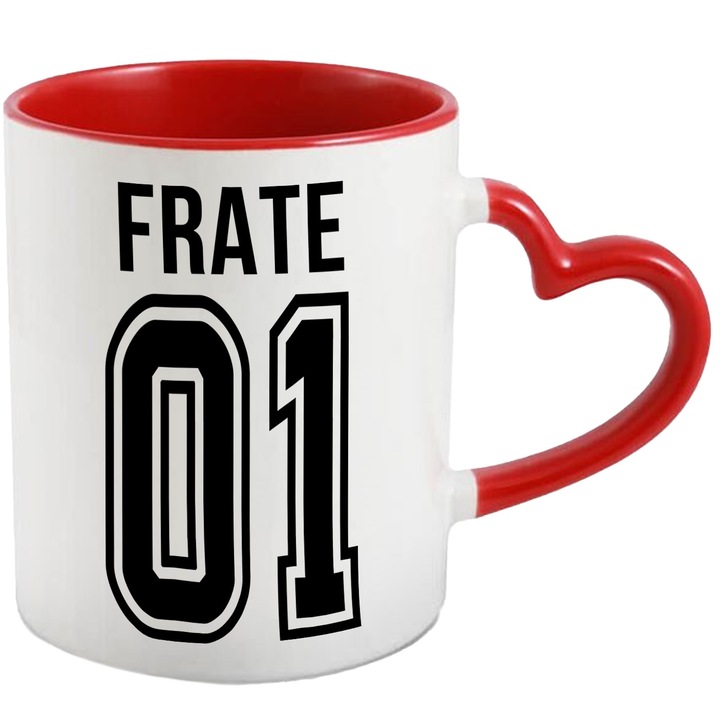 Cana Cu Textul frate, si Numarul 01, Cel Mai Bun, Apreciere, Personalizat, 330ml, Ceramica cu Maner Inima Rosie