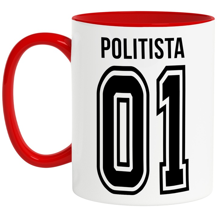 Cana Cu Textul politista, si Numarul 01, Cel Mai Bun, Apreciere, Personalizat, 330ml, Ceramic cu Maner Rosu