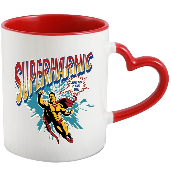 Cana Super Harnic SuperErou Sunt Aici Pentru Tine, 330ml, Ceramica cu Maner Inima Rosie