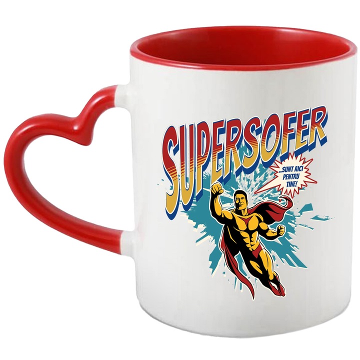 Cana Super Sofer SuperErou Sunt Aici Pentru Tine, 330ml, Ceramica cu Maner Inima Rosie