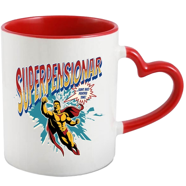 Cana Super Pensionar SuperErou Sunt Aici Pentru Tine, 330ml, Ceramica cu Maner Inima Rosie