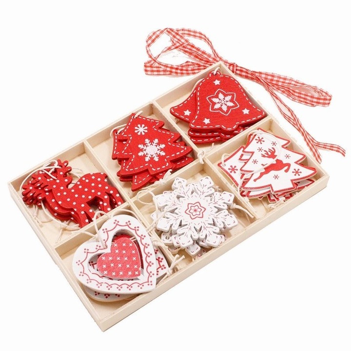 Set de Globuri de Craciun JTI, 24 piese, lemn, rosu si alb