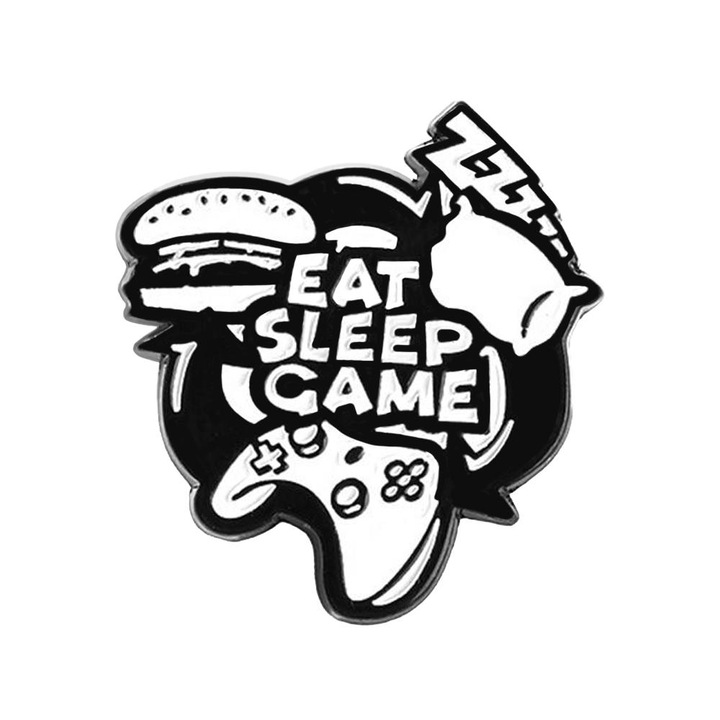 Brosa JTI Eat Sleep Game, metal, negru si alb, 3x2cm