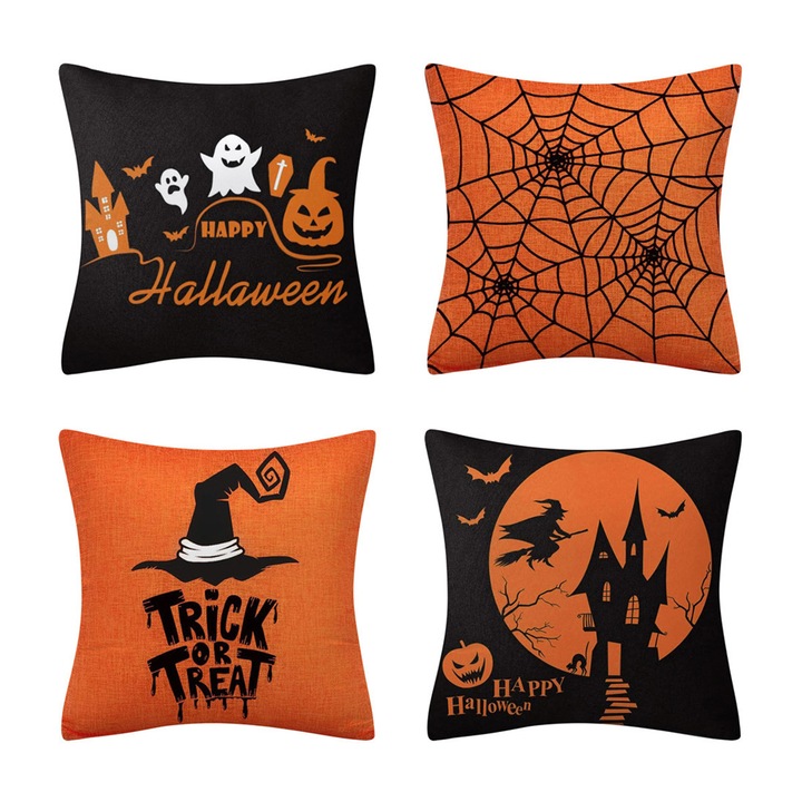 4 darabos Halloween dekoratív párnahuzat szett, Jormftte, 18x18in, szellem téma, vászon anyag, többszínű