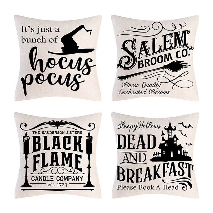 Jormftte 4 darabos díszpárna szett, Halloween téma, 18x18in, len anyag, dekoratív idézetek