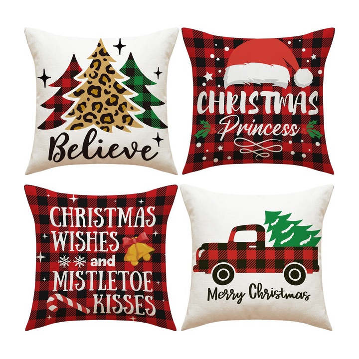Jormftte 4 darabos díszpárna szett, karácsonyi téma, len anyag, 18x18 hüvelyk, rusztikus stílus
