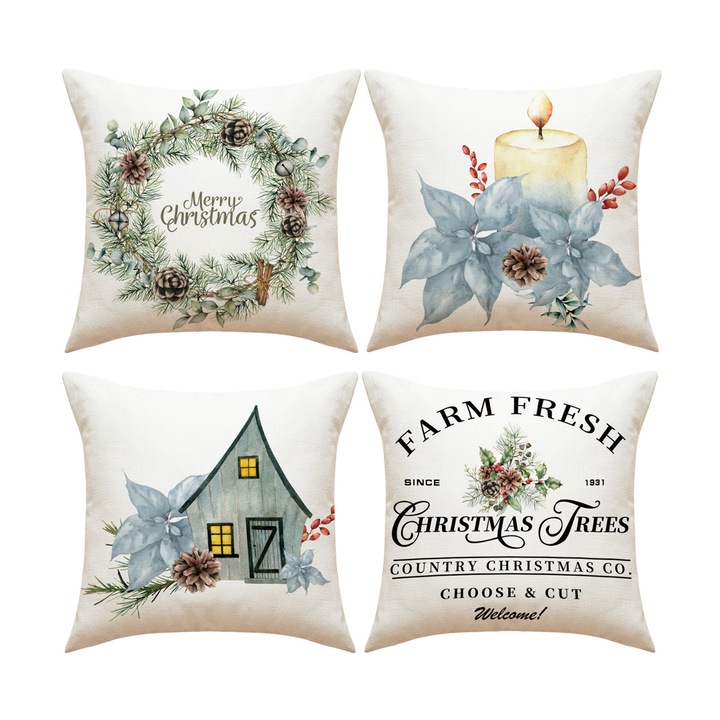 Jormftte díszpárnahuzat készlet, 4 db, 45x45 cm, karácsonyi téma, vászon anyag, rusztikus stílus