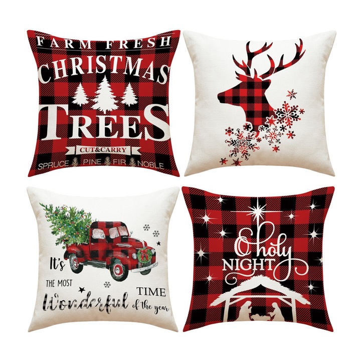 Díszpárnahuzatok, Jormftte, 4 darabos készlet, 18x18 hüvelyk, karácsonyi téma, len anyag, rusztikus stílus