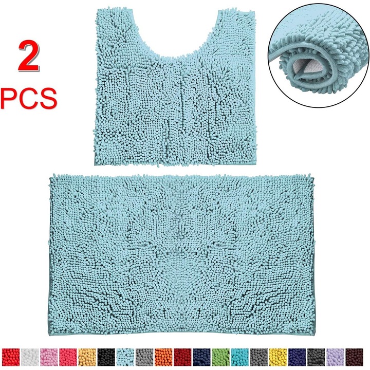 Szett 2 db fürdőszobai szőnyeg, csúszásmentes, 48x79cm/48x48cm, kék