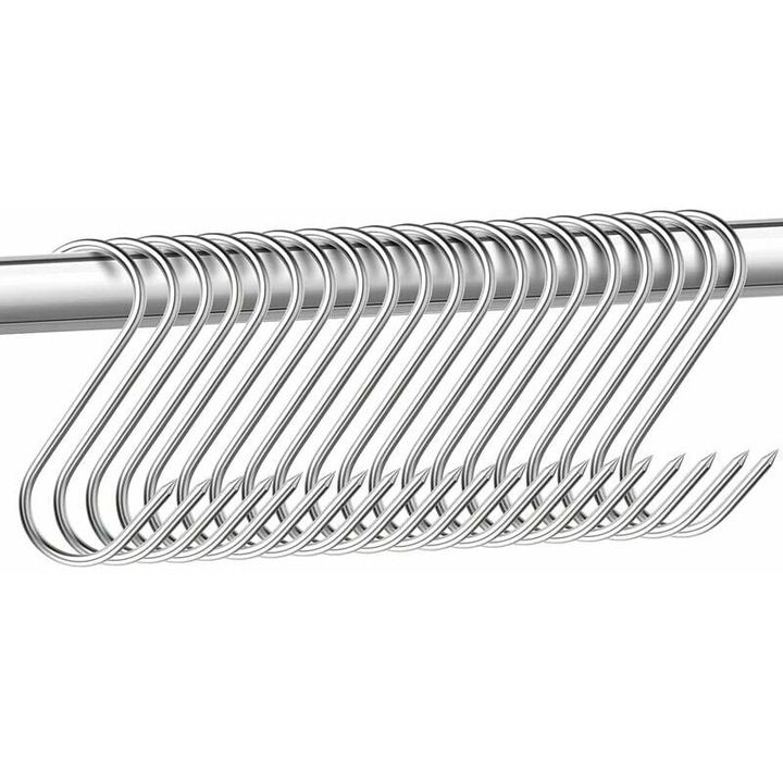 Set 15 carlige din otel inoxidabil, S, rezistente, 4cm diametru, 15cm inaltime, argintiu