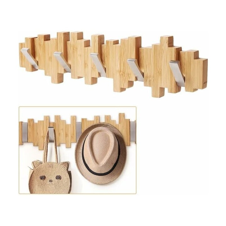 Tömörfa fogas 5 összecsukható akasztóval, szobába, fürdőszobába, konyhába, többszínű, változó méretek