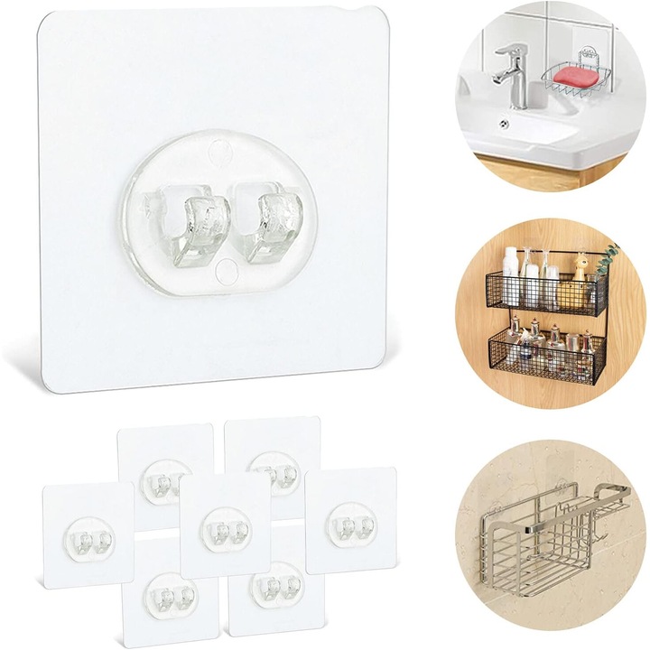 Set 8 carlige adezive transparente pentru baie, 2.4x2.4 inch, plastic
